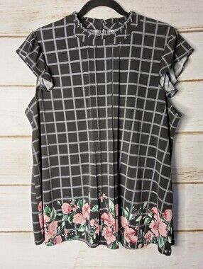 Elle Black Windowpane Blouse with Pink Floral Hem